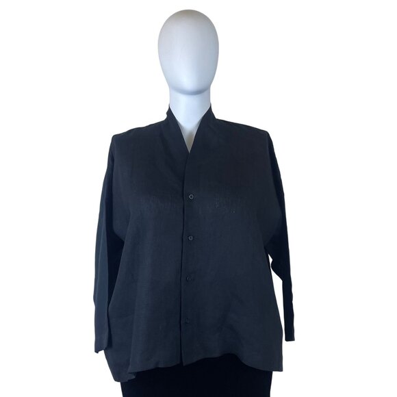 Eskandar Womens Black 100% Linen Button Front BlouseLong Sleeve Elegant Size 1 - Picture 1 of 8